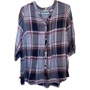 Catherines Plaid Button‎ Front Tunic Top 1XWP Blue Pink Rayon Pintuck 3/4 Sleeve